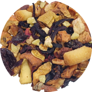 Cáscara de Naranja, Manzana, Uva, Trozos de Galleta en baño de Amaretto y Flor de Jamaica