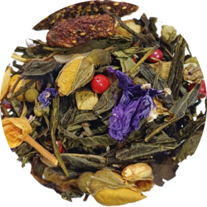 Té Verde con Fresas en baño de Champaña, Botones de Rosa Amarilla y Pimienta Roja