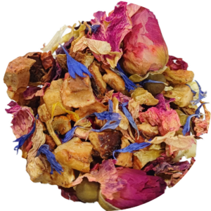 Manzana, Fresa, Frambuesa, Grosella, Botones de Rosa, Pétalos de Aciano Azul, Flor de Jazmín y Escaramujo